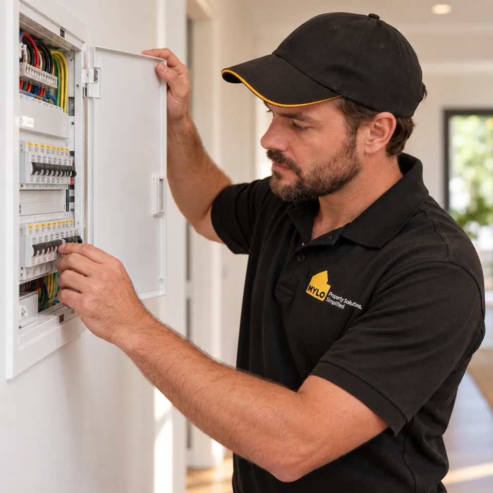 MYLO electrician working at a residential switchboard