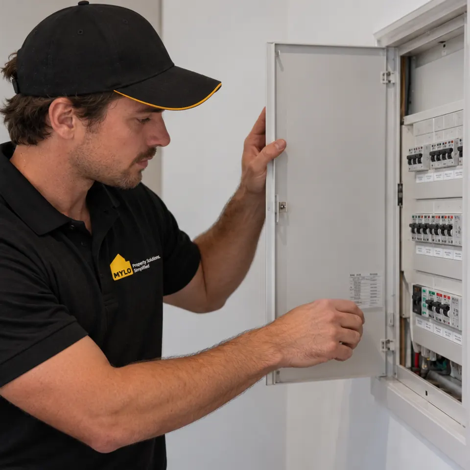 MYLO electrician inspecting a residential switchboard
