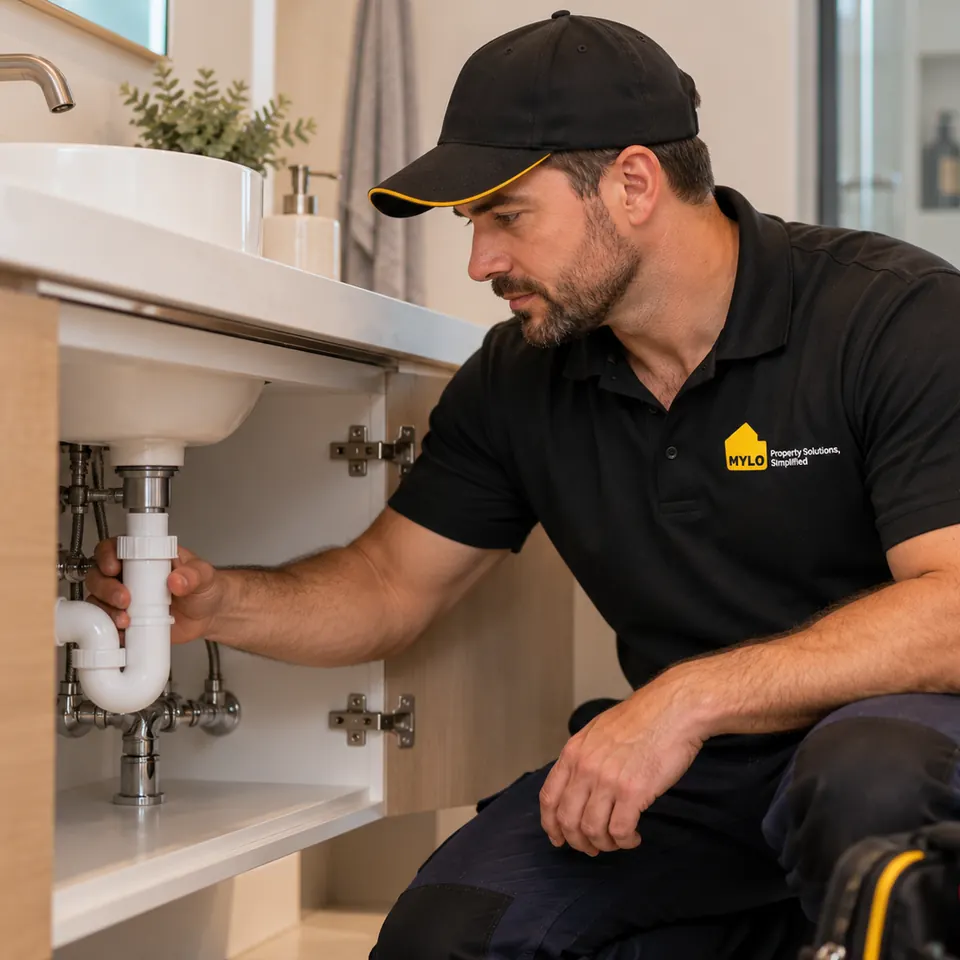 MYLO plumber working beneath a bathroom sink