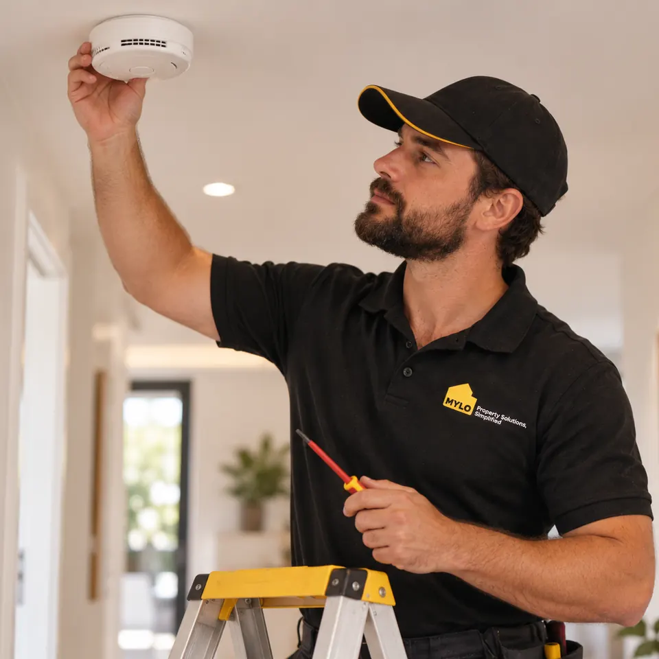 MYLO technician inspecting a smoke alarm in a home