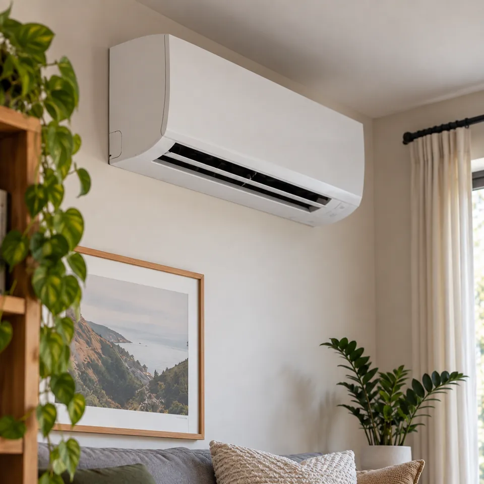 Wall-mounted reverse-cycle air conditioner in a living room