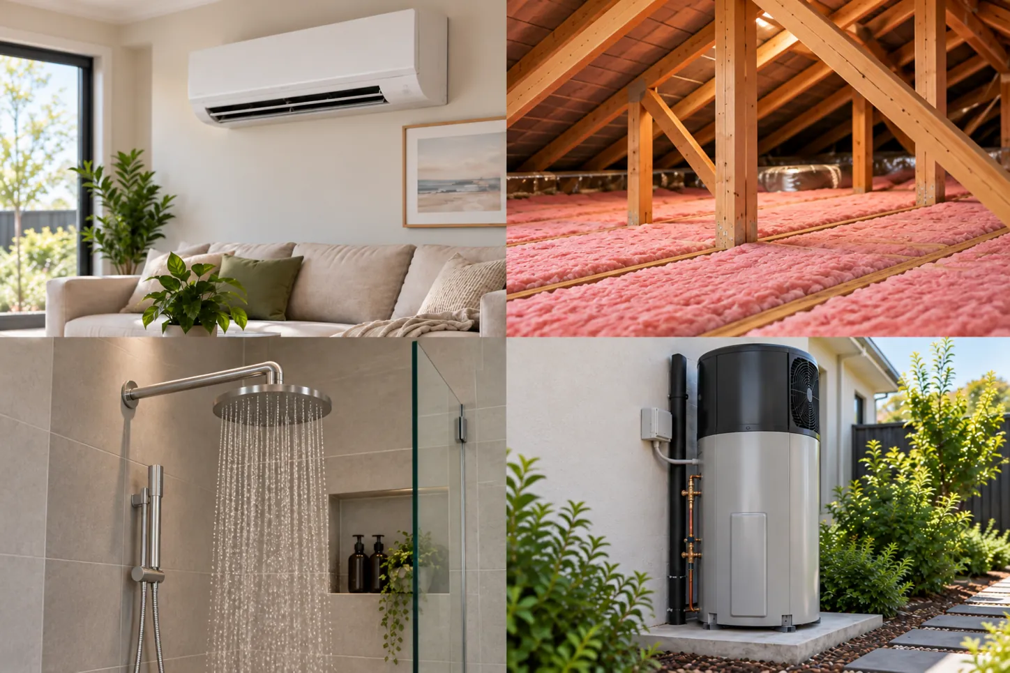 Collage showing a completed indoor air conditioner, ceiling insulation, a water-saving showerhead and a heat pump hot water system
