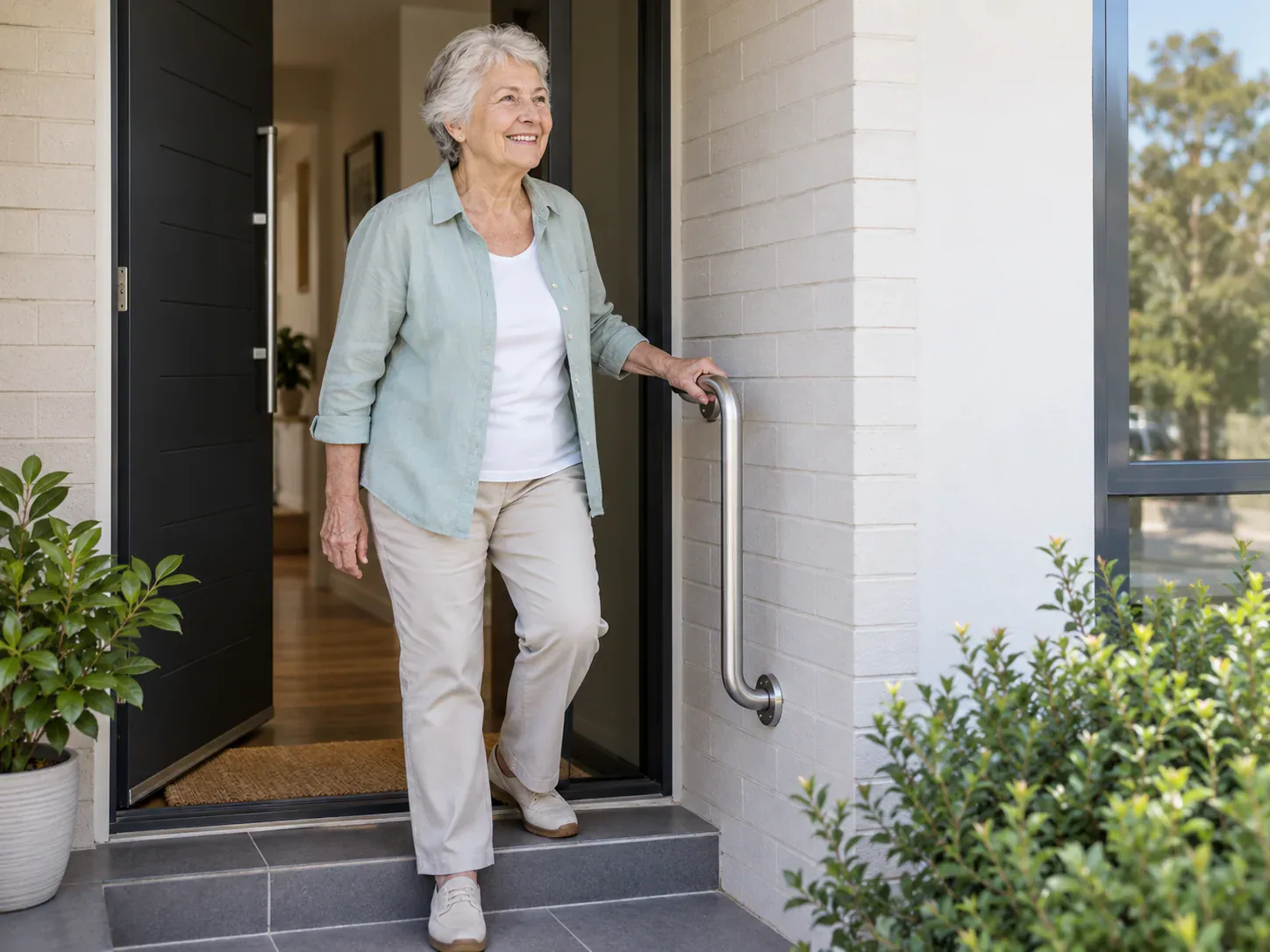 Older woman using a handrail at the entrance to her home