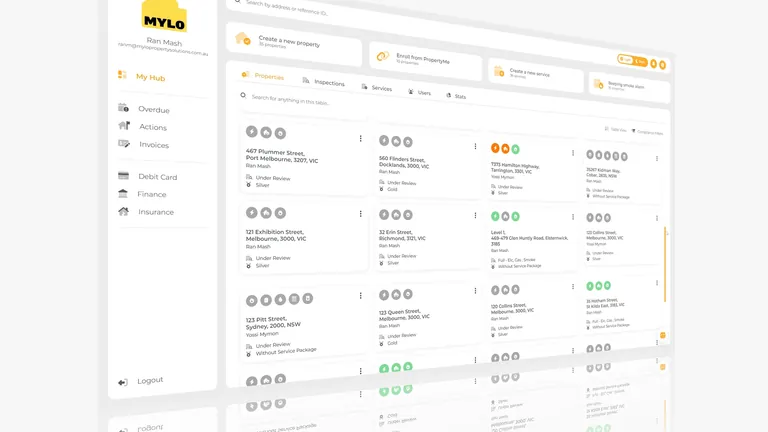 MYLO Portal dashboard showing properties, inspections and services