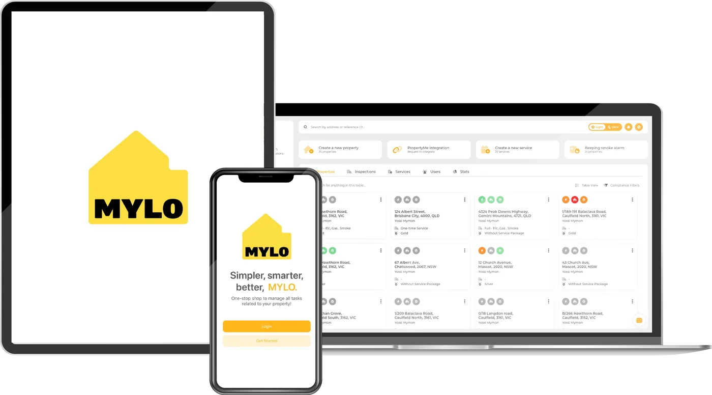 MYLO management portal shown across a desktop interface